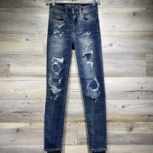 American Eagle Hi-Rise Jegging Skinny Jeans Rip & Repair Blue Size 00 W23 L28.5